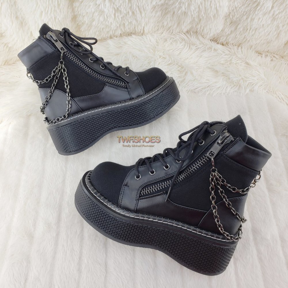 Emily Black Canvas Chain Goth 2" Platform Ankle Boots 114x - Picture 9 of 16